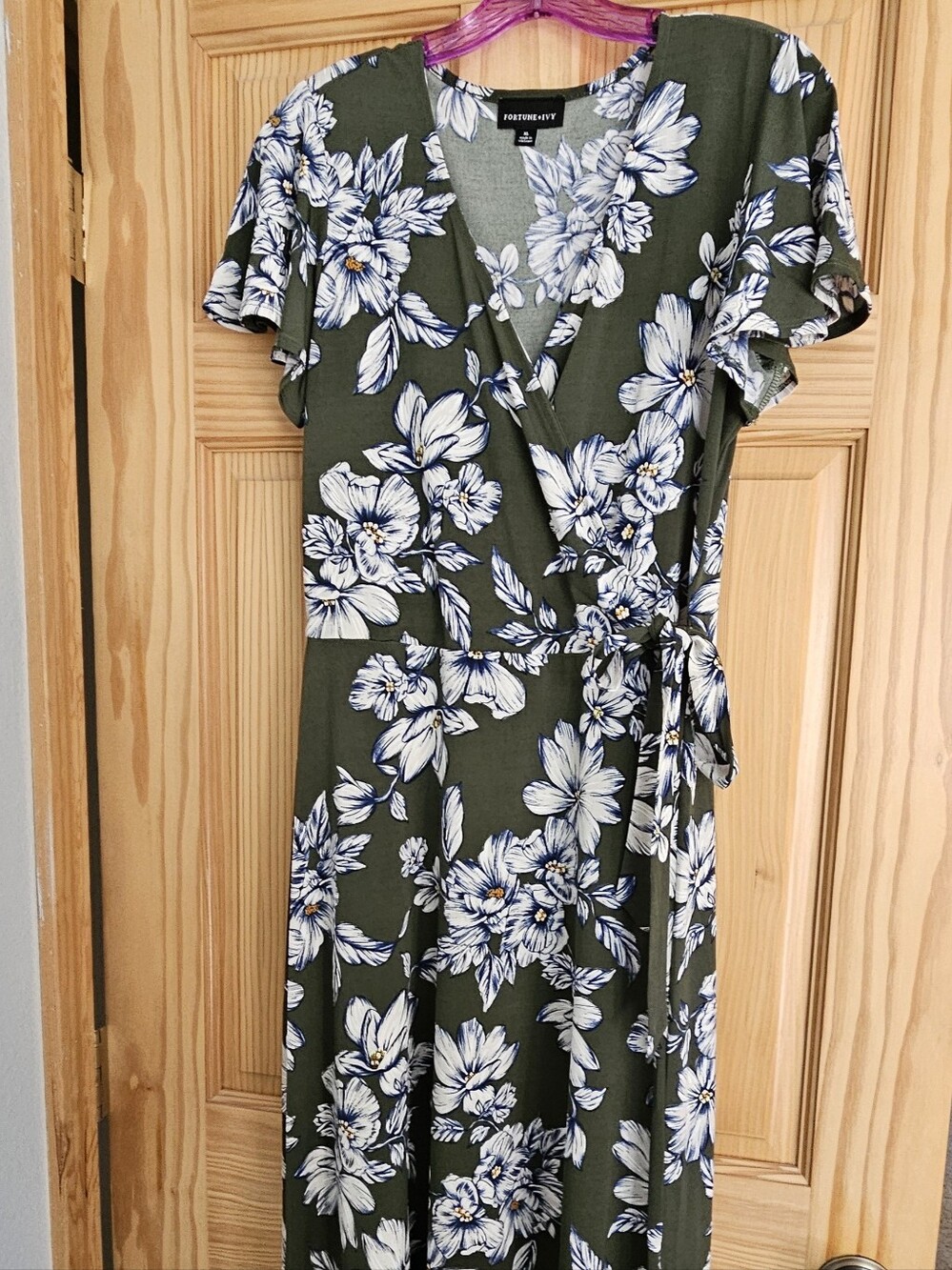 Fortune & Ivy Olive Green Floral Wrap Dress with White & Blue Flowers